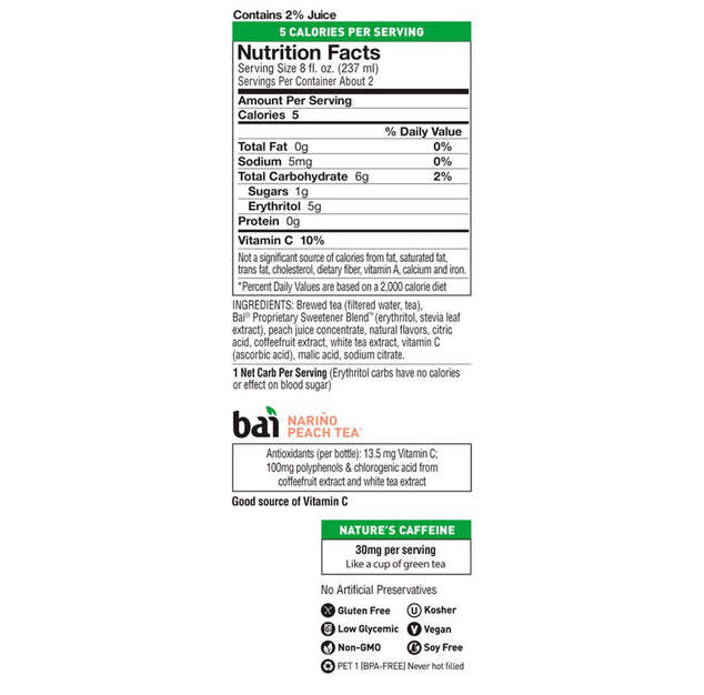 Bai - Narino Peach Tea - 18 oz (12 Plastic Bottles)
