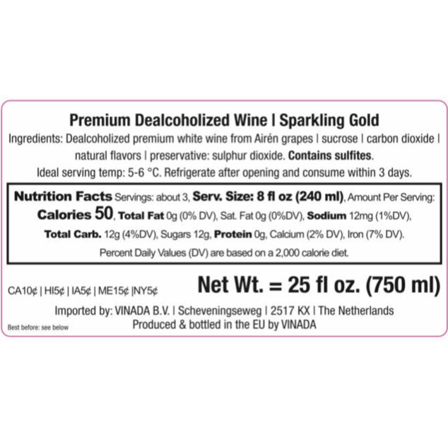 VINADA - Sparkling Gold and Sparkling Rose Variety Pack - Zero Alcohol Wine - 750 mL (12 Glass Bottles)