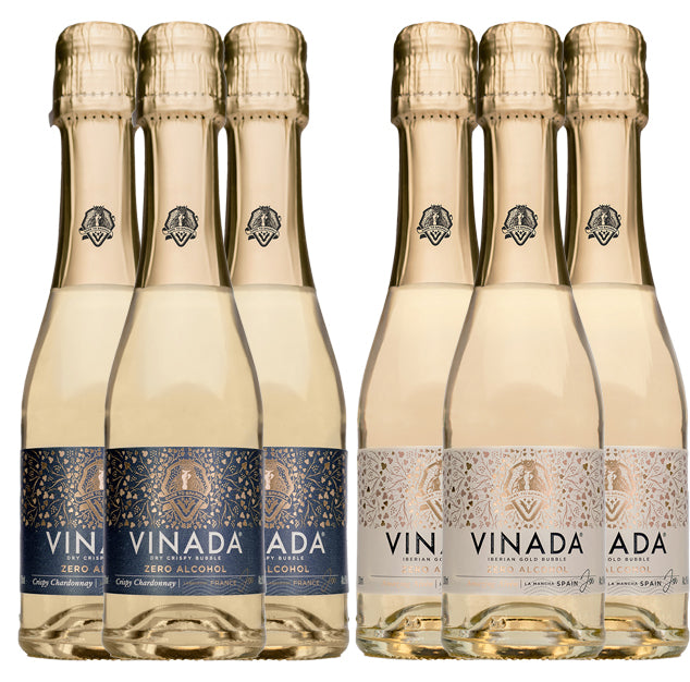 VINADA - Crispy Chardonnay and Sparkling Gold Variety Pack - Zero Alcohol Wine - 200 ml (6 Glass Bottles)