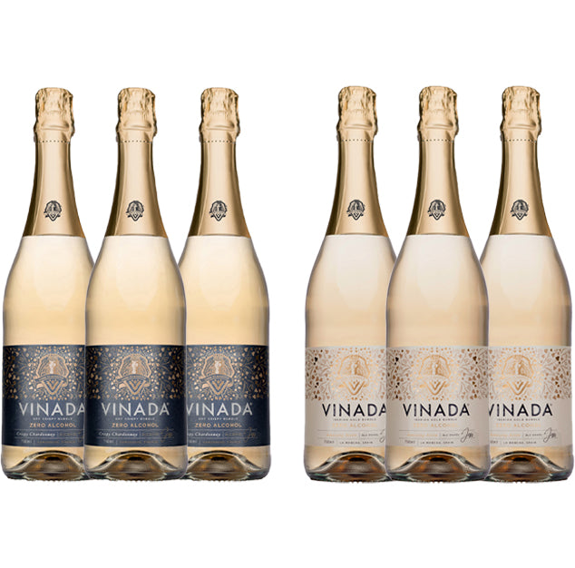 VINADA - Crispy Chardonnay and Sparkling Gold Variety Pack - Zero Alcohol Wine - 750 ml (6 Glass Bottles)