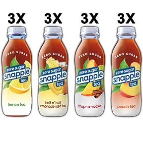 Snapple - Zero Sugar - Variety Pack - 16 oz (12 Plastic Bottles)
3 Bottles Snapple Zero Sugar Lemon Tea
3 Bottles Snapple Zero Sugar Half N' Half
3 Bottles Snapple Zero Sugar Trop-a-rocka
3 Bottles Snapple Zero Sugar Peach tea