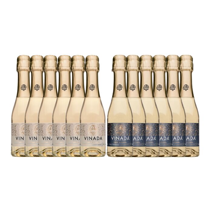 VINADA - Crispy Chardonnay and Sparkling Gold Variety Pack - Zero Alcohol Wine - 200 ml (12 Glass Bottles)
