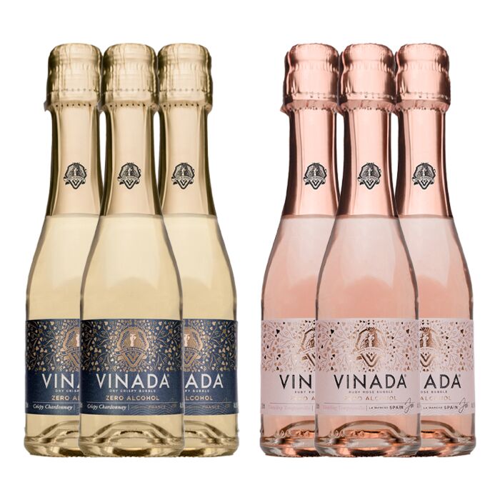 VINADA - Crispy Chardonnay and Sparkling Rosé Variety Pack - Zero Alcohol Wine - 200 ml (6 Glass Bottles)
