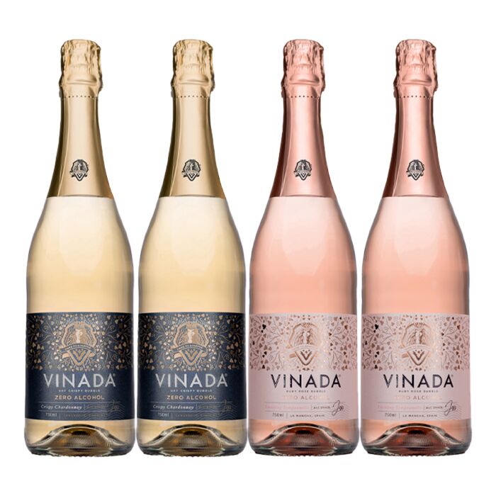 VINADA - Crispy Chardonnay and Sparkling Rosé Variety Pack - Zero Alcohol Wine - 750 ml (4 Glass Bottles)
