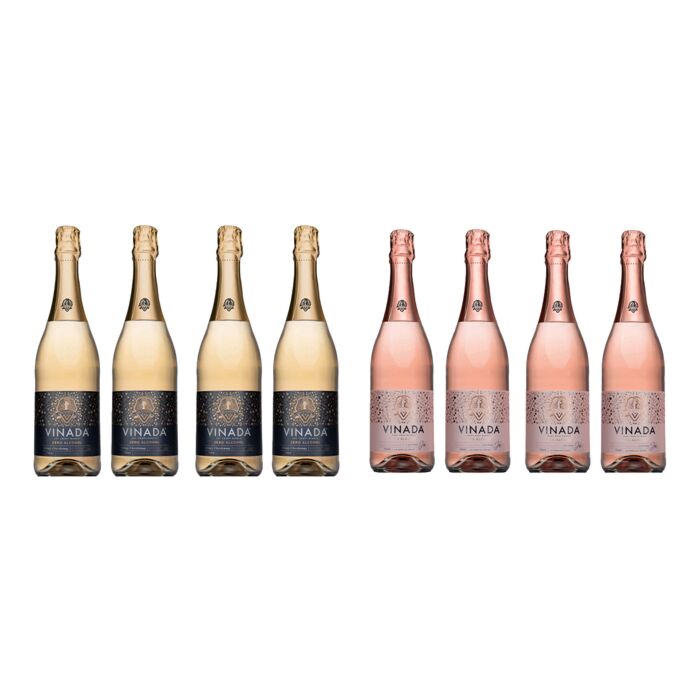 VINADA - Crispy Chardonnay and Sparkling Rosé Variety Pack - Zero Alcohol Wine - 750 ml (8 Glass Bottles)