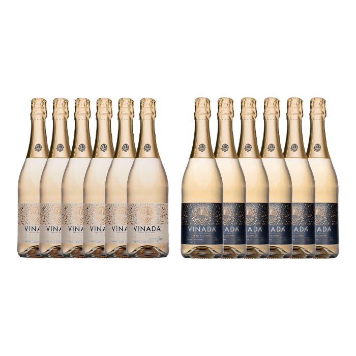VINADA - Crispy Chardonnay and Sparkling Gold Variety Pack - Zero Alcohol Wine - 750 ml (12 Glass Bottles)
