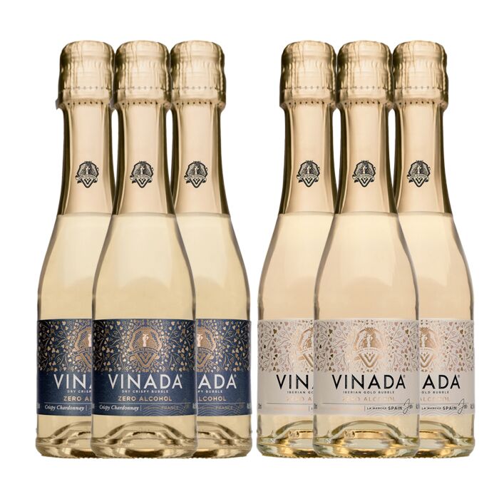 VINADA - Crispy Chardonnay and Sparkling Gold Variety Pack - Zero Alcohol Wine - 200 ml (6 Glass Bottles)
