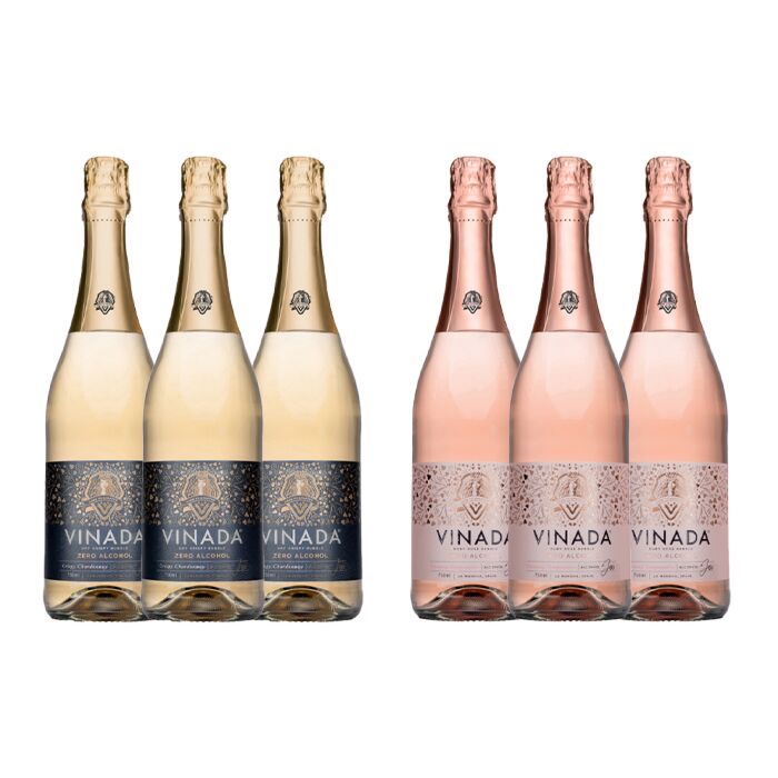 VINADA - Crispy Chardonnay and Sparkling Rosé Variety Pack - Zero Alcohol Wine - 750 ml (6 Glass Bottles)